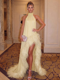 A-Line/Princess Chiffon Evening Dresses With Feather Fur Halter Neck Formal Dress With  Slit