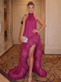 A-Line/Princess Chiffon Evening Dresses With Feather Fur Halter Neck Formal Dress With  Slit