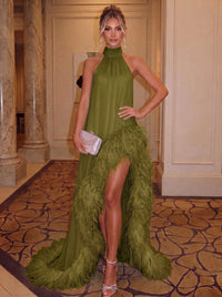 A-Line/Princess Chiffon Evening Dresses With Feather Fur Halter Neck Formal Dress With  Slit
