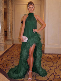 A-Line/Princess Chiffon Evening Dresses With Feather Fur Halter Neck Formal Dress With  Slit