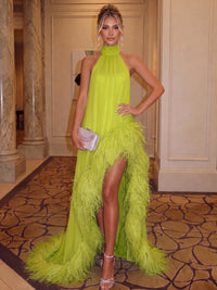 A-Line/Princess Chiffon Evening Dresses With Feather Fur Halter Neck Formal Dress With  Slit