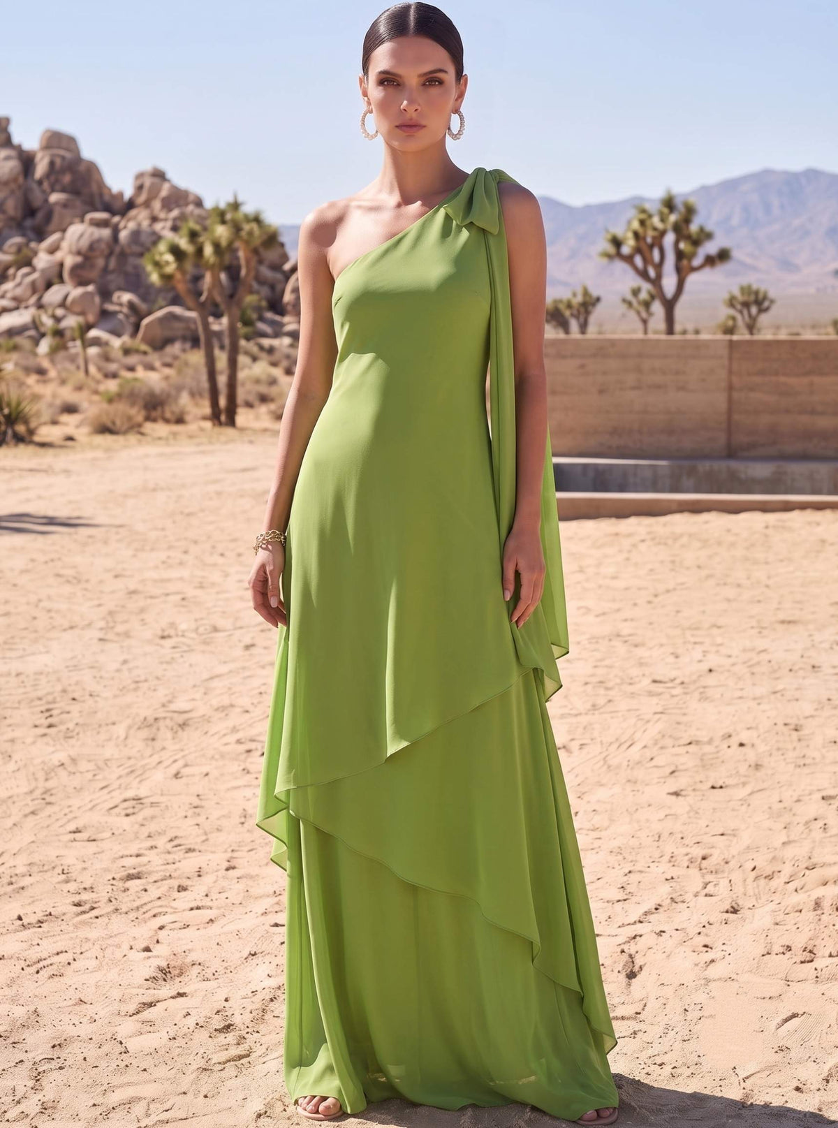 A Line Formal Dresses Chiffon Asymmetrical One Shoulder Sleeveless Floor-Length Summer Party Dress With Bow