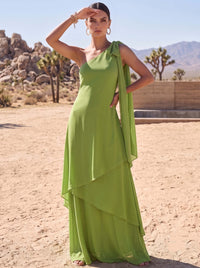 A Line Formal Dresses Chiffon Asymmetrical One Shoulder Sleeveless Floor-Length Summer Party Dress With Bow