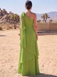A Line Formal Dresses Chiffon Asymmetrical One Shoulder Sleeveless Floor-Length Summer Party Dress With Bow