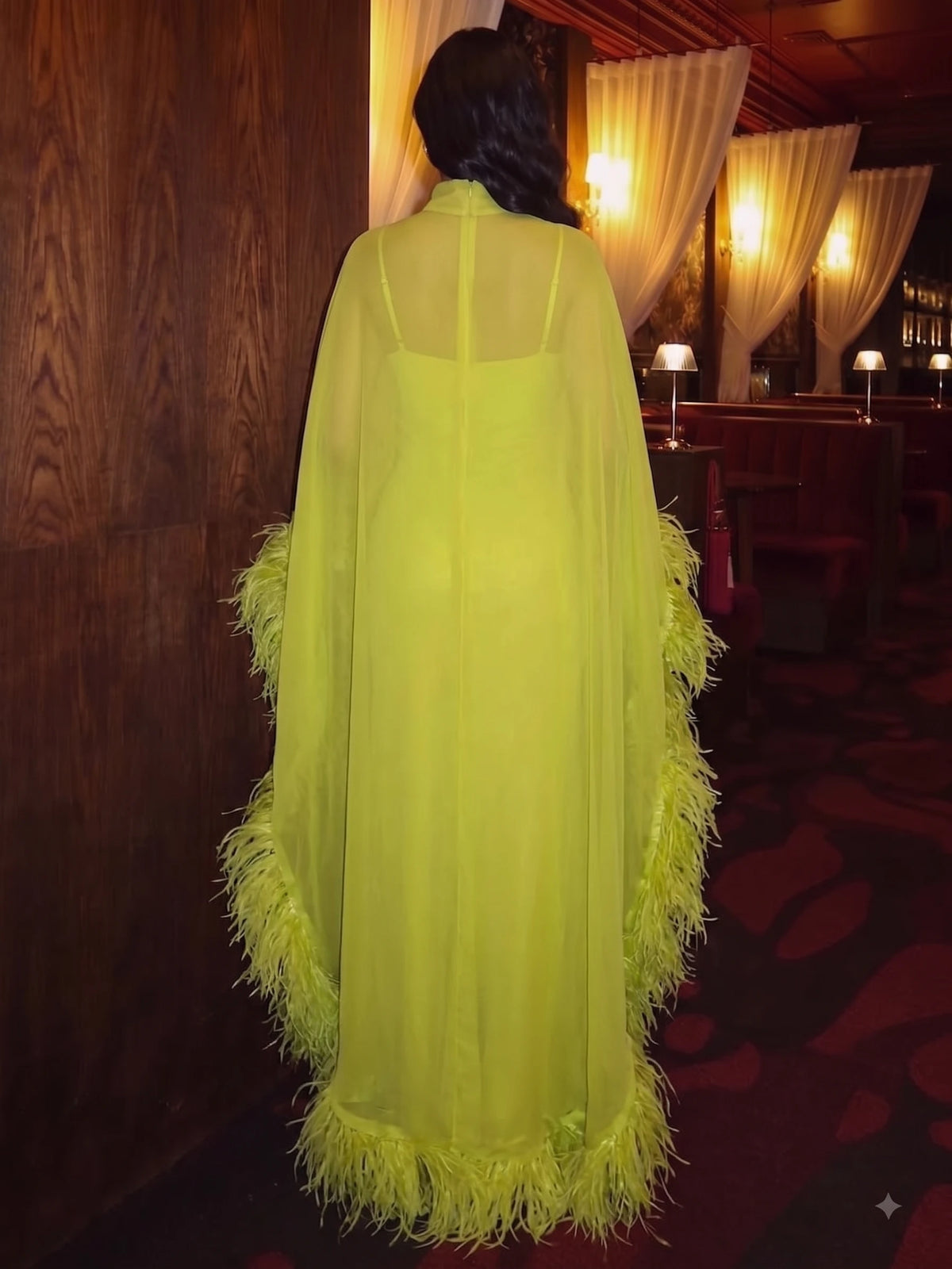 Sheath/Column Feather Evening Dresses Floor-Length High Neck Long Sleeves Chiffon Dresses With Cape