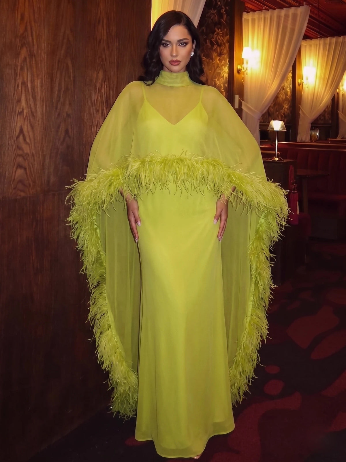 Sheath/Column Feather Evening Dresses Floor-Length High Neck Long Sleeves Chiffon Dresses With Cape