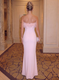 Sheath Chiffon Evening Dresses Strapless With Feather Fur Formal Dress