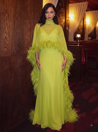 Sheath/Column Feather Evening Dresses Floor-Length High Neck Long Sleeves Chiffon Dresses With Cape