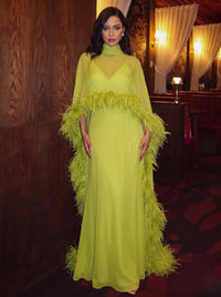 Sheath/Column Feather Evening Dresses Floor-Length High Neck Long Sleeves Chiffon Dresses With Cape
