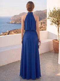 A-Line Formal Dresses Chiffon Halter Sleeveless Floor-Length Ruched Wedding Guest Dresses With Slit