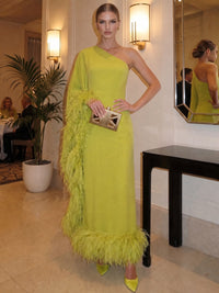 Sheath/Column Chiffon Evening Formal Dresses One Shoulder Ankle-Length With Feather Fur Formal Dress