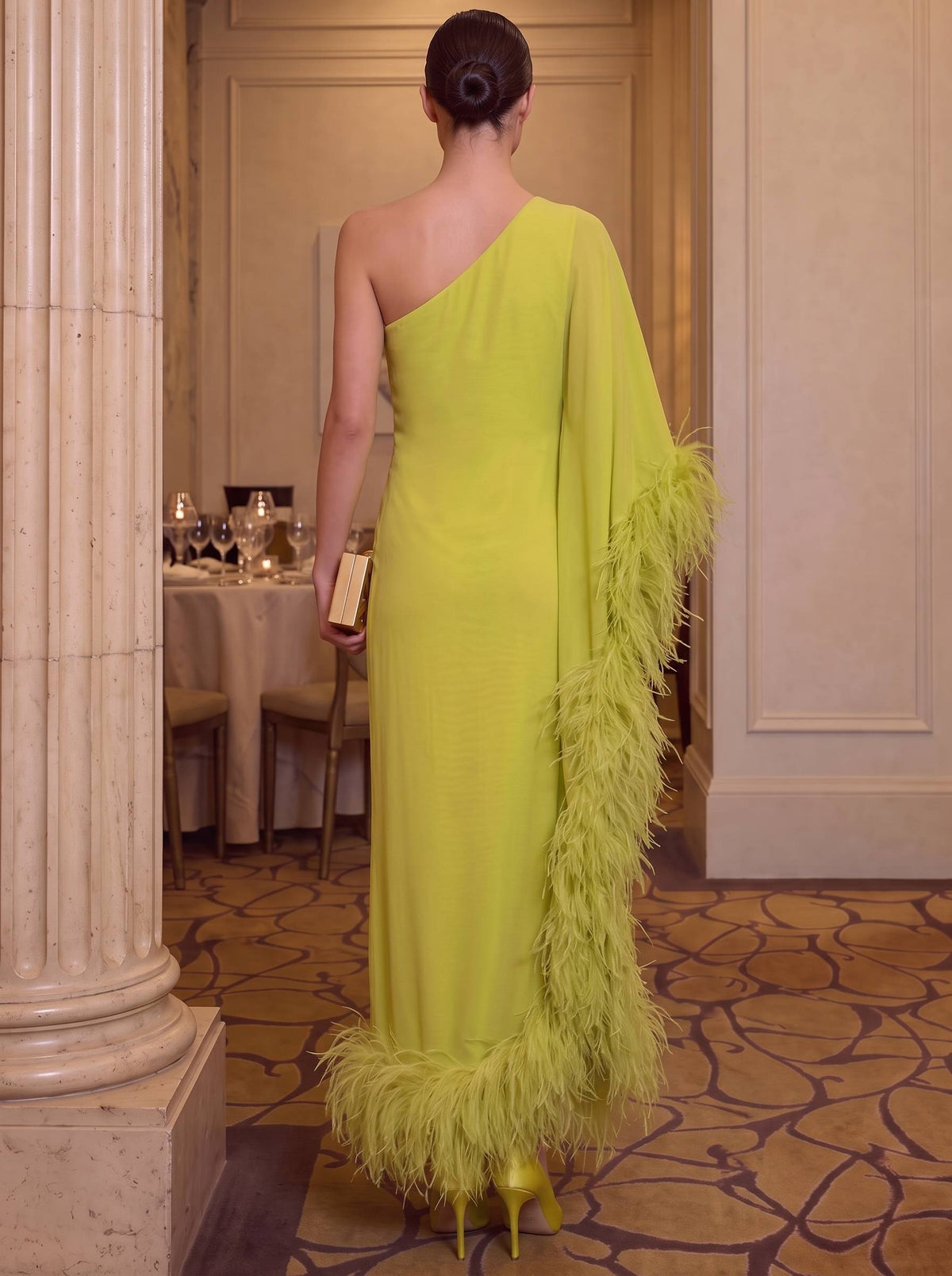 Sheath/Column Chiffon Evening Formal Dresses One Shoulder Ankle-Length With Feather Fur Formal Dress（副本）