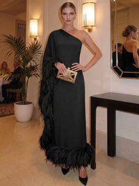 Sheath/Column Chiffon Evening Formal Dresses One Shoulder Ankle-Length With Feather Fur Formal Dress