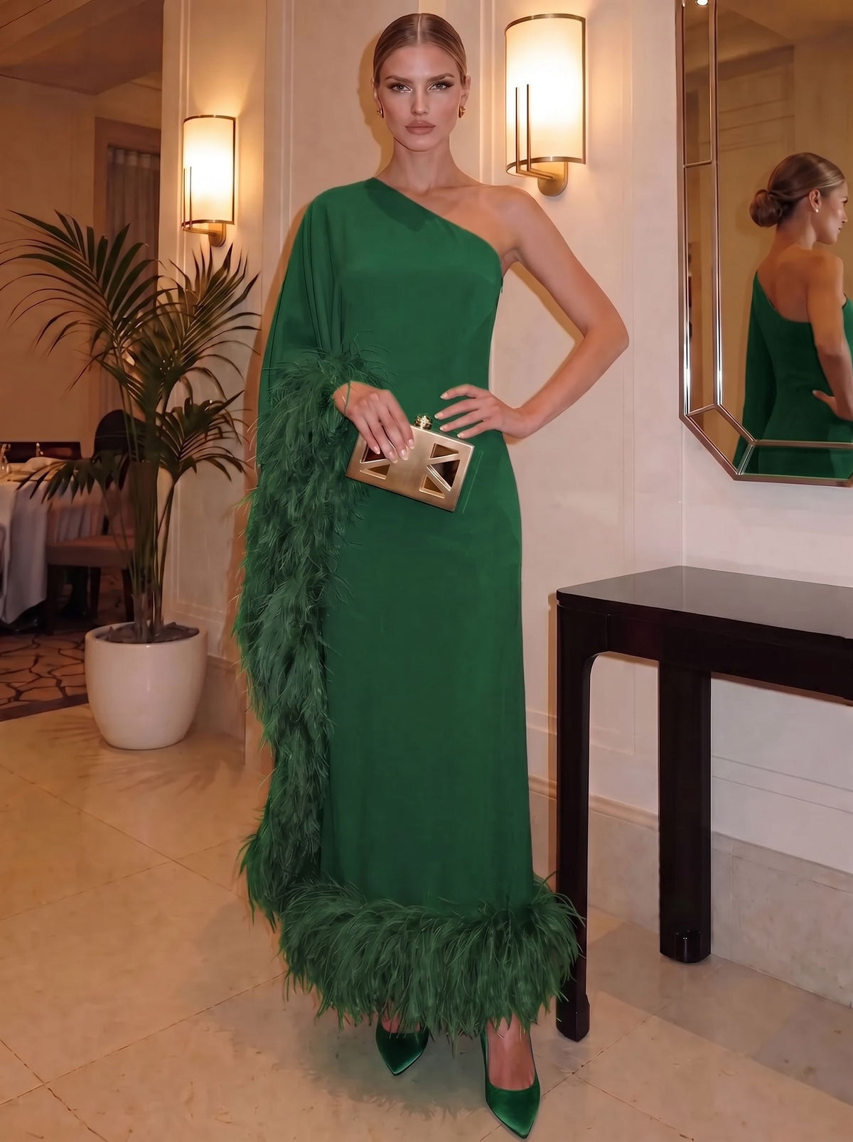 Sheath/Column Chiffon Evening Formal Dresses One Shoulder Ankle-Length With Feather Fur Formal Dress