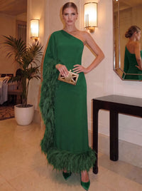 Sheath/Column Chiffon Evening Formal Dresses One Shoulder Ankle-Length With Feather Fur Formal Dress