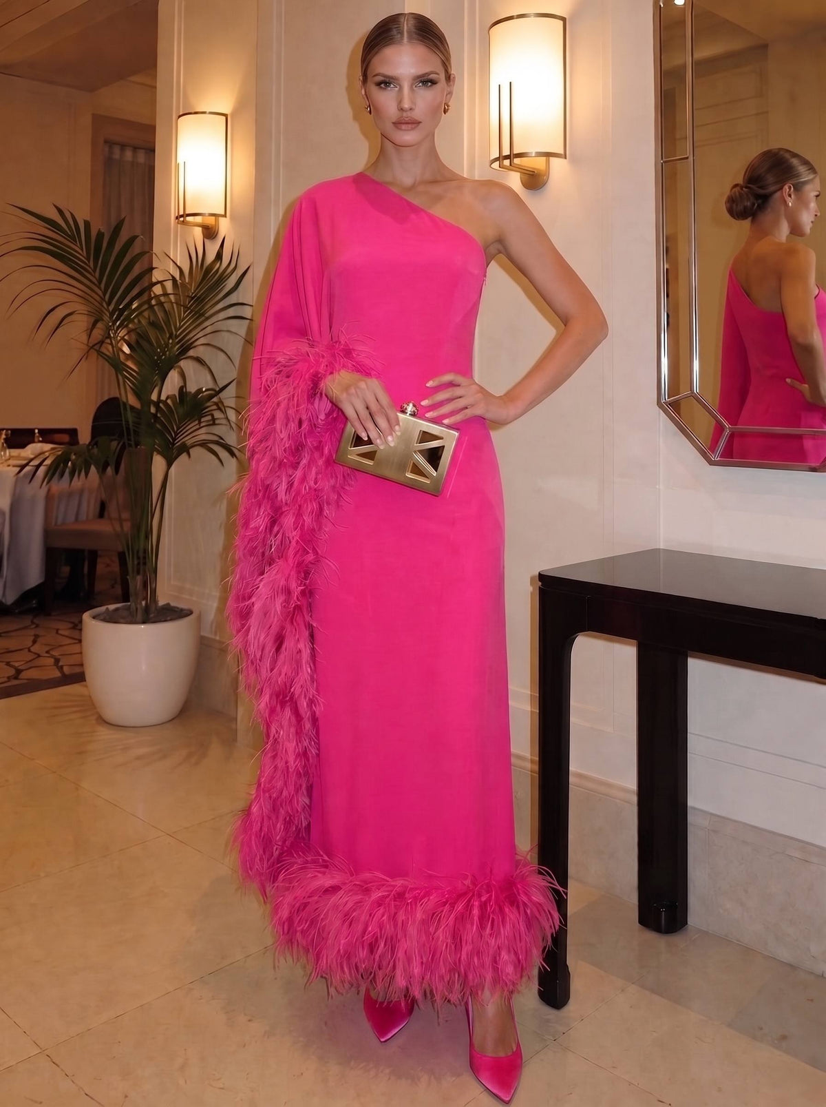 Sheath/Column Chiffon Evening Formal Dresses One Shoulder Ankle-Length With Feather Fur Formal Dress