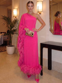 Sheath/Column Chiffon Evening Formal Dresses One Shoulder Ankle-Length With Feather Fur Formal Dress