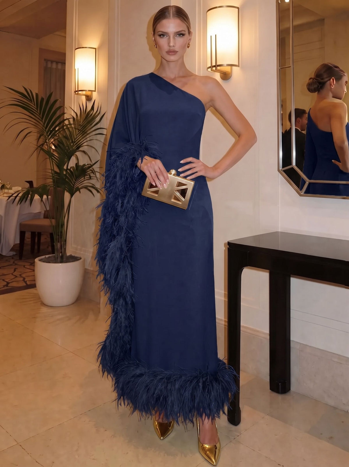 Sheath/Column Chiffon Evening Formal Dresses One Shoulder Ankle-Length With Feather Fur Formal Dress