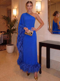 Sheath/Column Chiffon Evening Formal Dresses One Shoulder Ankle-Length With Feather Fur Formal Dress