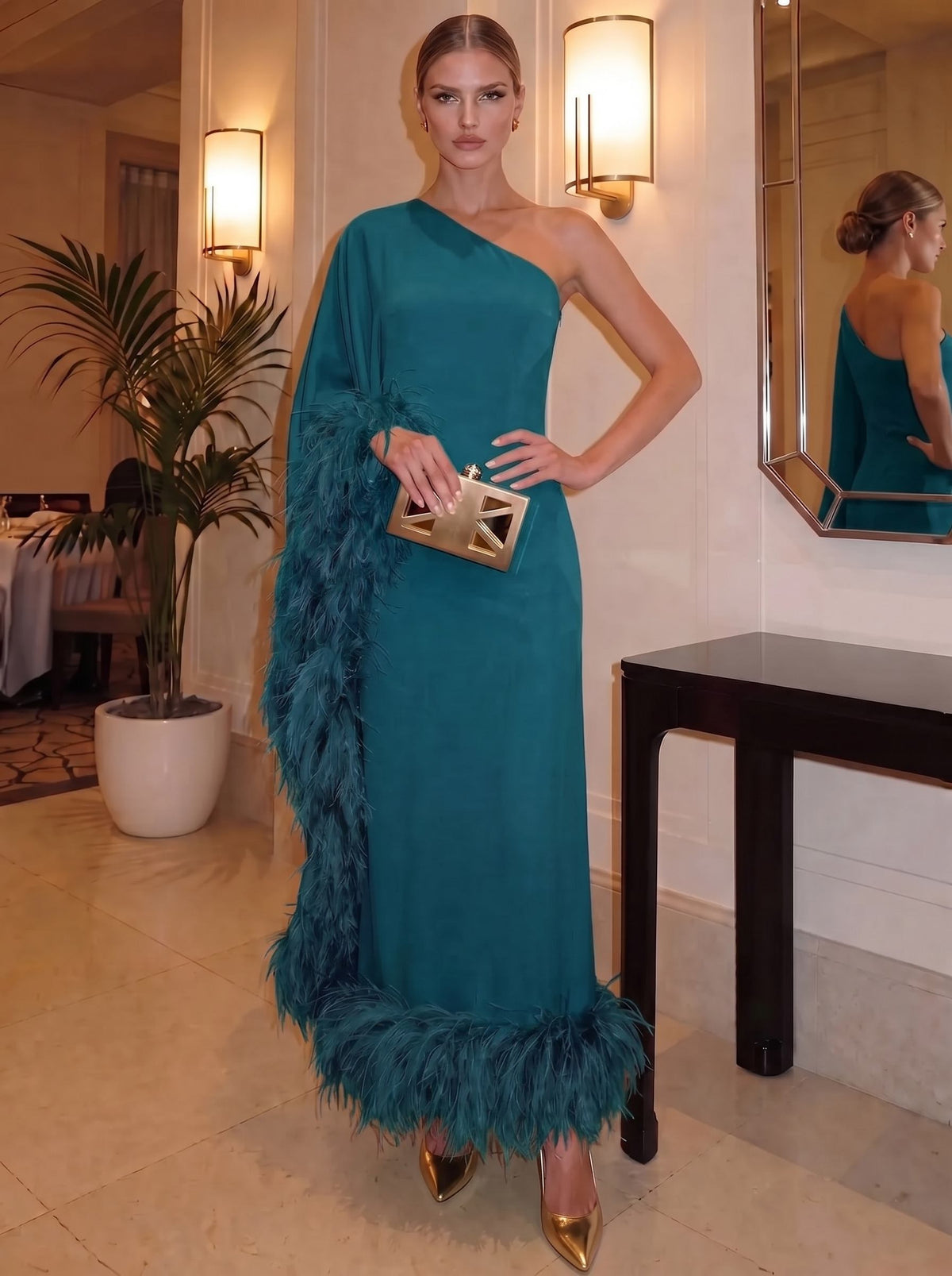 Sheath/Column Chiffon Evening Formal Dresses One Shoulder Ankle-Length With Feather Fur Formal Dress