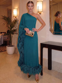 Sheath/Column Chiffon Evening Formal Dresses One Shoulder Ankle-Length With Feather Fur Formal Dress