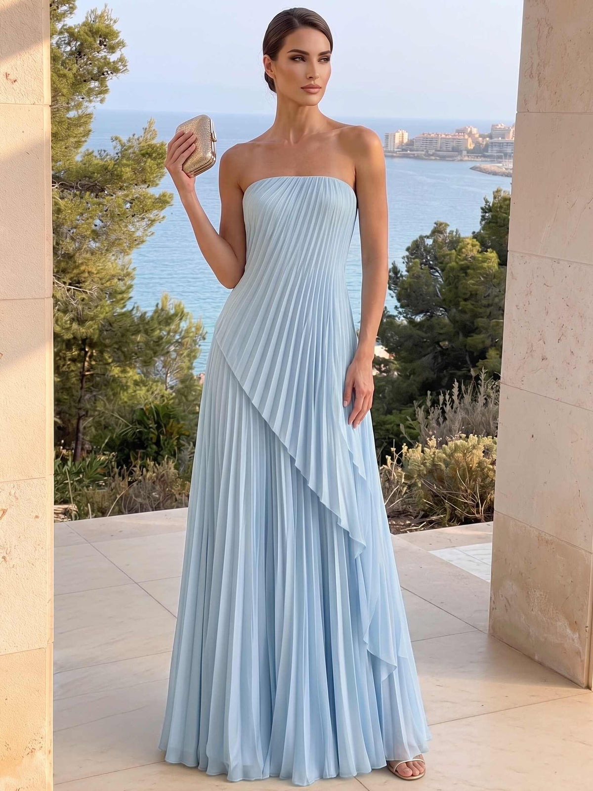 A-Line/Princess Evening Dress Sleeveless Pleated Strapless Satin Floor-Length Summer Dress