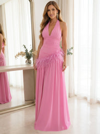 A-Line/Princess Formal Dresses Chiffon Pleated Halter Neck Sleeveless Floor-Length Pleated Ruched Formal Dresses With Feather