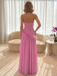 A-Line/Princess Formal Dresses Chiffon Pleated Halter Neck Sleeveless Floor-Length Pleated Ruched Formal Dresses With Feather
