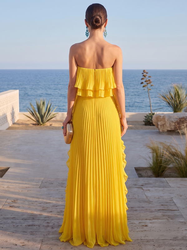 A Line/Princesses Evening Dresses Ruffled Chiffon Strapless Sleeveless Tiered Pleated Floor-Length Summer Party Dress