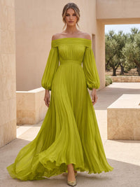 A Line/Princesses Formal Dresses Pleated Grecian Style Chiffon Off High Low Length The Shoulder Floor-Length Formal Dress Long Sleeves Wedding Guest Summer Dress