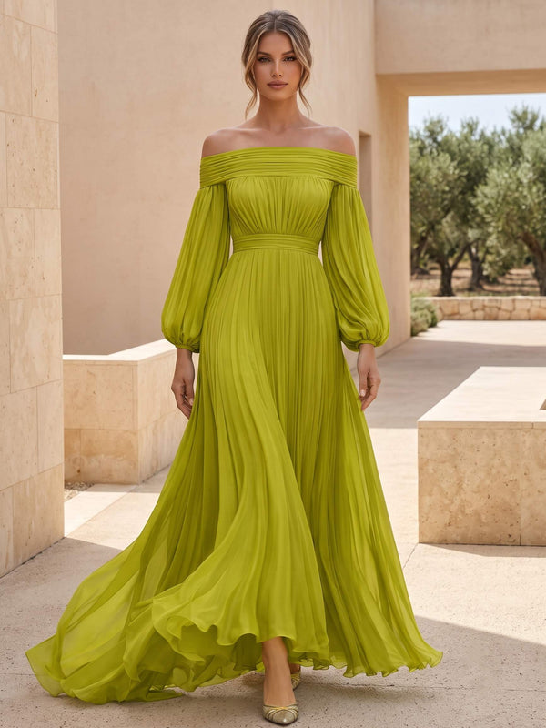 A Line/Princesses Formal Dresses Pleated Grecian Style Chiffon Off High Low Length The Shoulder Floor-Length Formal Dress Long Sleeves Wedding Guest Summer Dress