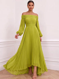A Line/Princesses Formal Dresses Pleated Grecian Style Chiffon Off High Low Length The Shoulder Floor-Length Formal Dress Long Sleeves Wedding Guest Summer Dress