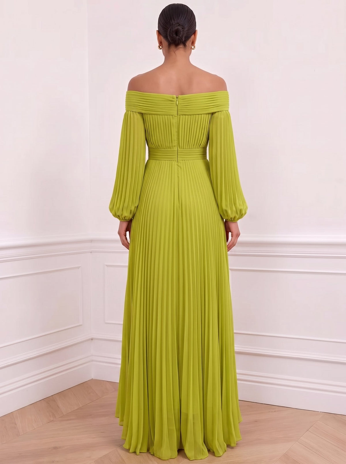 A Line/Princesses Formal Dresses Pleated Grecian Style Chiffon Off High Low Length The Shoulder Floor-Length Formal Dress Long Sleeves Wedding Guest Summer Dress
