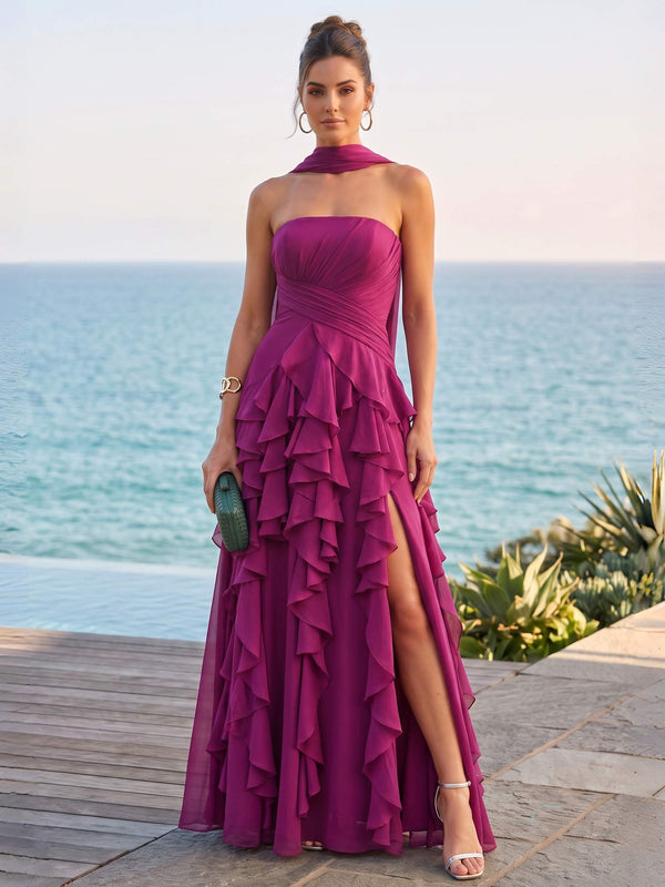 A Line/Princesses Evening Dresses Ruffled Chiffon Strapless Sleeveless Tiered Pleated Floor-Length Summer Party Dress With Scarf