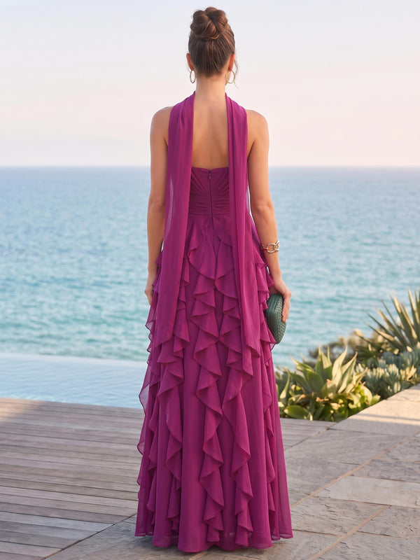 A Line/Princesses Evening Dresses Ruffled Chiffon Strapless Sleeveless Tiered Pleated Floor-Length Summer Party Dress With Scarf