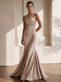 A Line/Princesses Evening Dresses Ruched Satin One Shoulder Floor-Length Formal Dress Wedding Guest Dress