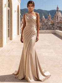 A Line/Princesses Evening Dresses Ruched Satin One Shoulder Floor-Length Formal Dress Wedding Guest Dress
