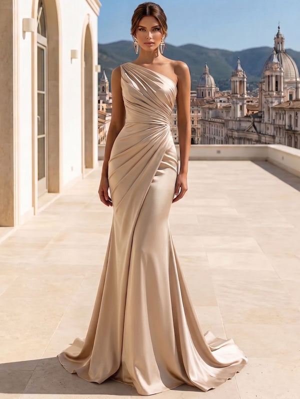 A Line/Princesses Evening Dresses Ruched Satin One Shoulder Floor-Length Formal Dress Wedding Guest Dress