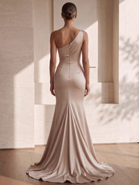 A Line/Princesses Evening Dresses Ruched Satin One Shoulder Floor-Length Formal Dress Wedding Guest Dress