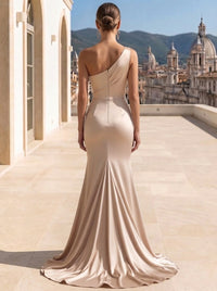 A Line/Princesses Evening Dresses Ruched Satin One Shoulder Floor-Length Formal Dress Wedding Guest Dress
