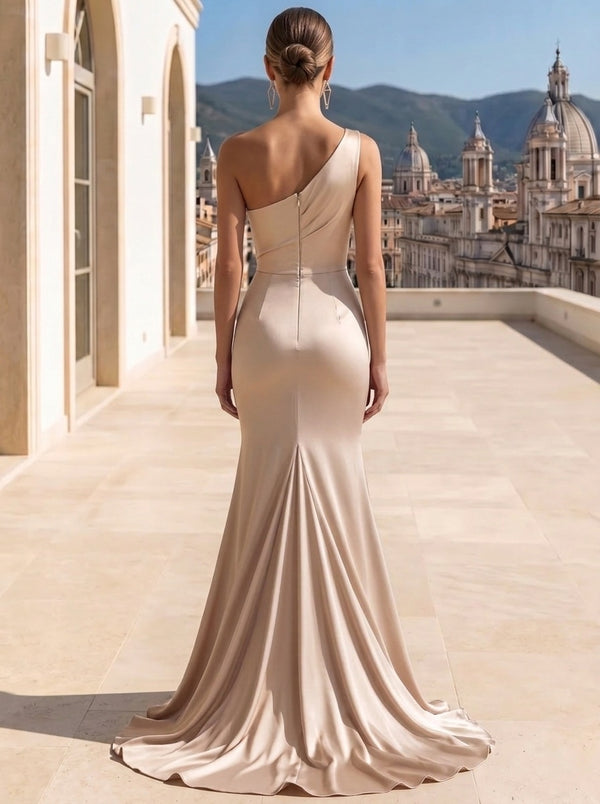 A Line/Princesses Evening Dresses Ruched Satin One Shoulder Floor-Length Formal Dress Wedding Guest Dress