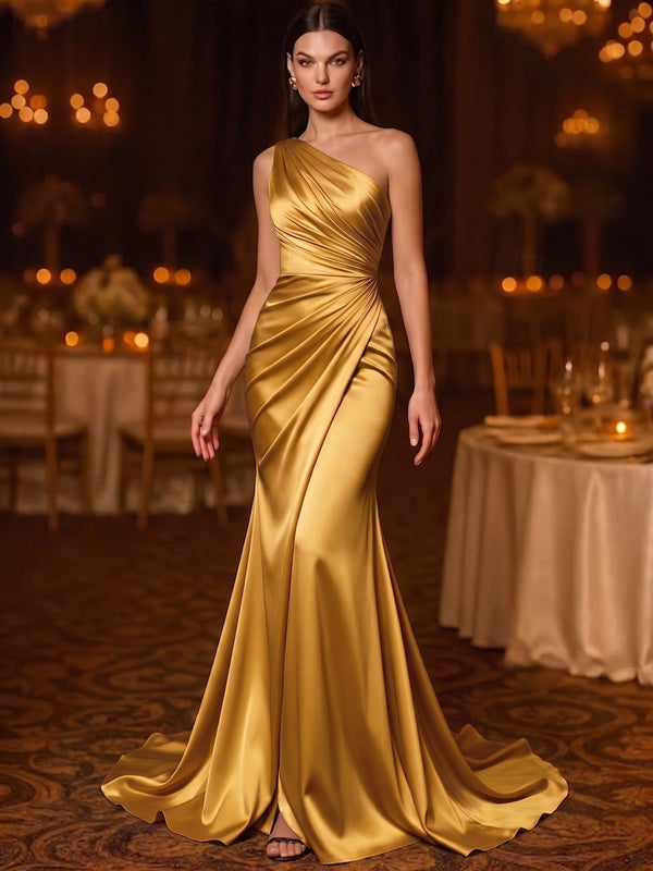 A Line/Princesses Evening Dresses Ruched Satin One Shoulder Floor-Length Formal Dress Wedding Guest Dress