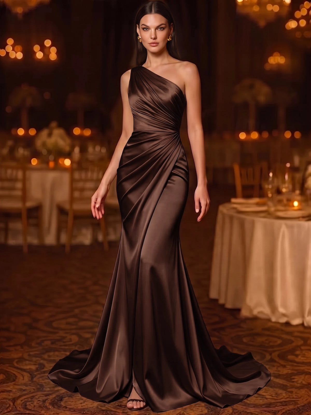 A Line/Princesses Evening Dresses Ruched Satin One Shoulder Floor-Length Formal Dress Wedding Guest Dress