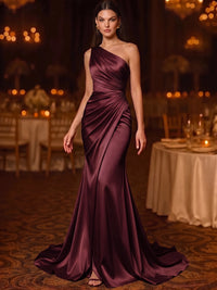 A Line/Princesses Evening Dresses Ruched Satin One Shoulder Floor-Length Formal Dress Wedding Guest Dress