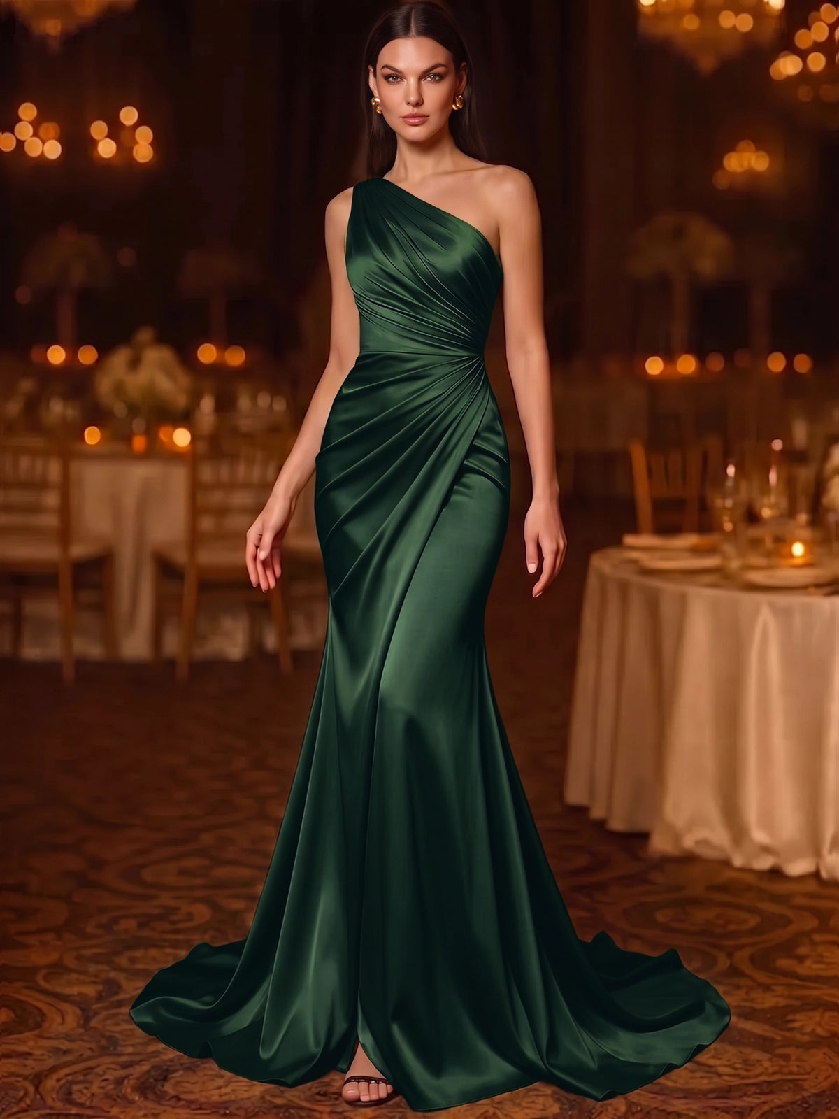 A Line/Princesses Evening Dresses Ruched Satin One Shoulder Floor-Length Formal Dress Wedding Guest Dress
