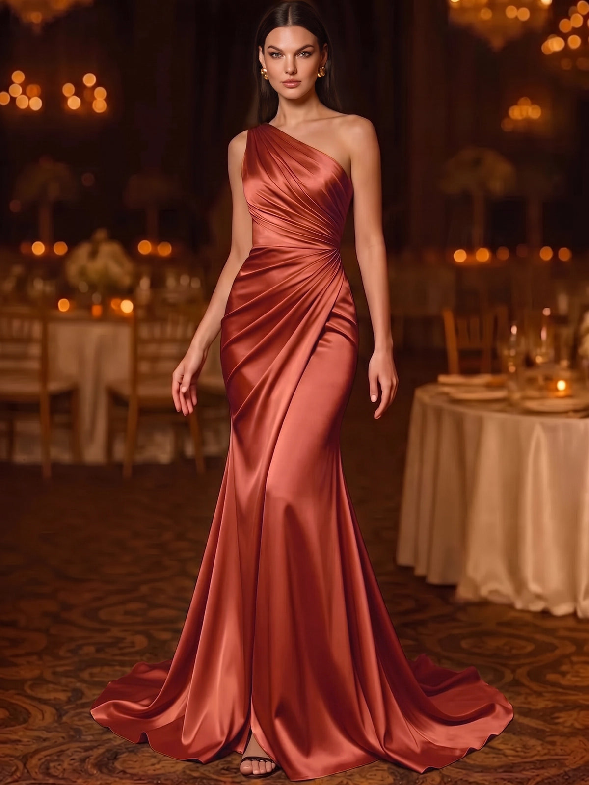 A Line/Princesses Evening Dresses Ruched Satin One Shoulder Floor-Length Formal Dress Wedding Guest Dress