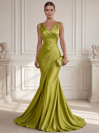 A Line/Princesses Evening Dresses Ruched Satin V Neck Floor-Length Formal Dress Wedding Guest Dress