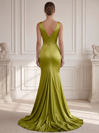 A Line/Princesses Evening Dresses Ruched Satin V Neck Floor-Length Formal Dress Wedding Guest Dress