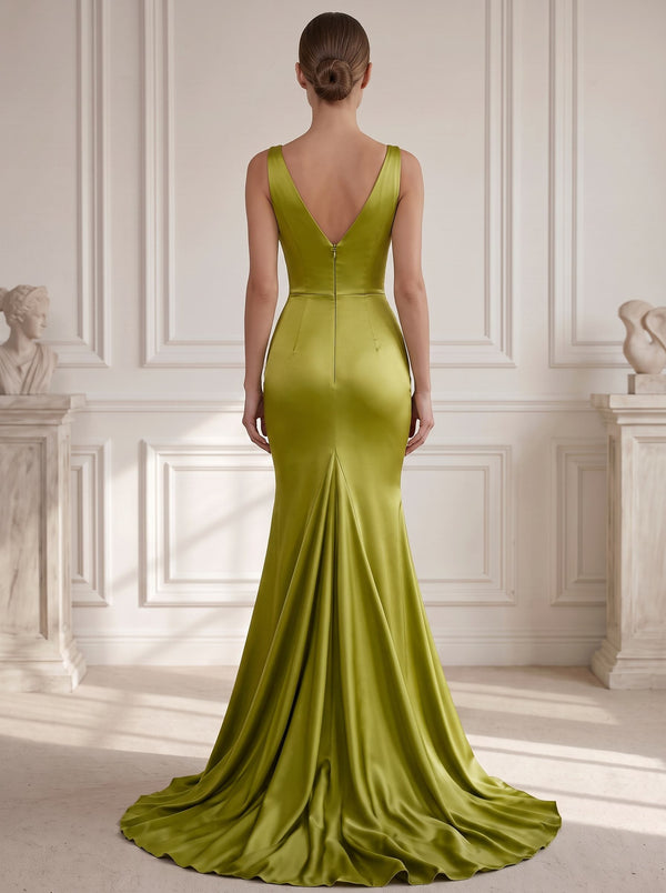 A Line/Princesses Evening Dresses Ruched Satin V Neck Floor-Length Formal Dress Wedding Guest Dress
