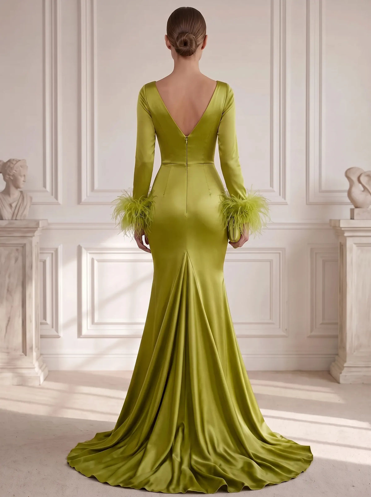 A Line/Princesses Evening Dresses Ruched Satin V Neck Floor-Length Formal Dress Long Sleeves With Feather